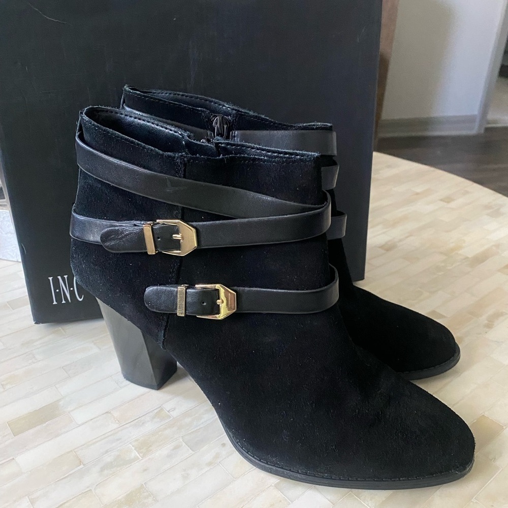 patent leather and suede booties
